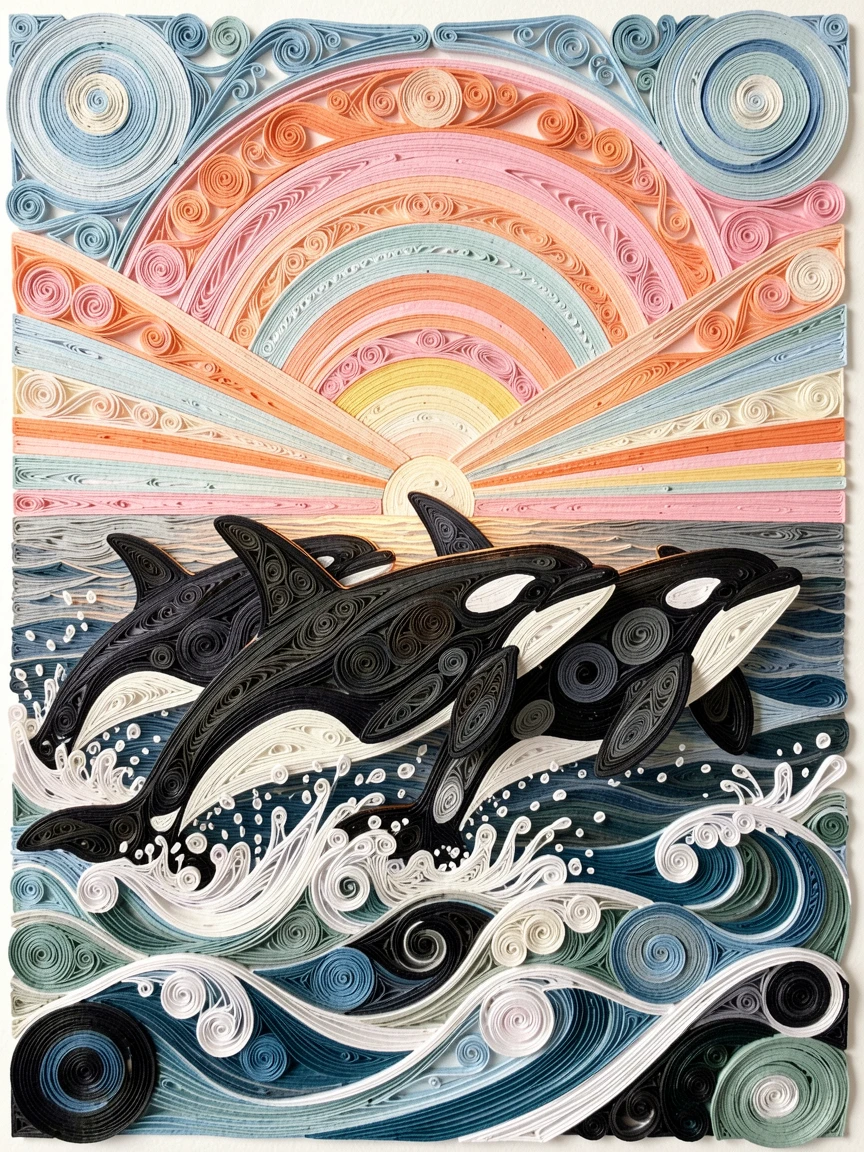 A striking wildlife scene of a pod of orcas breaching in unison beneath a wide open sky at dawn, with fine texture visible in every strand of fur, captured mid-action with dynamic movement.