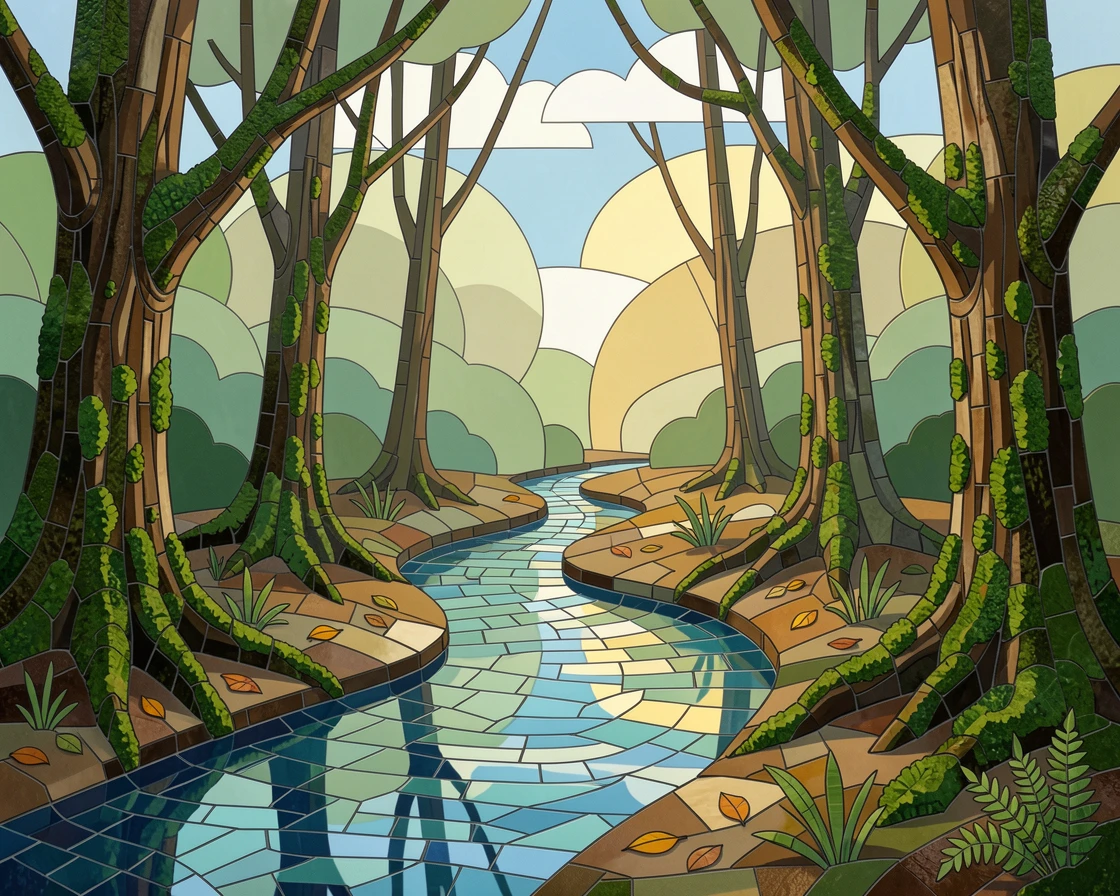 A quiet stream winding through a moss-covered ancient forest.