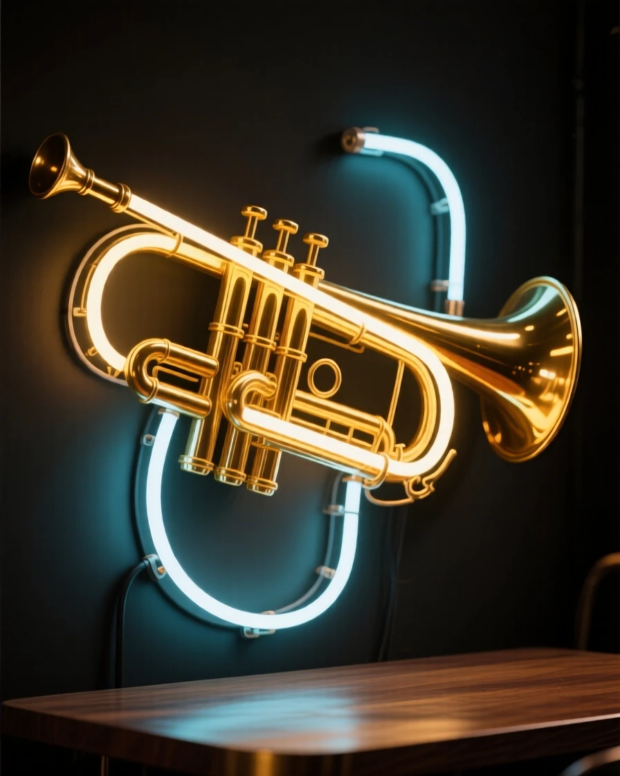 A brass trumpet catching the eye on a jazz club table.