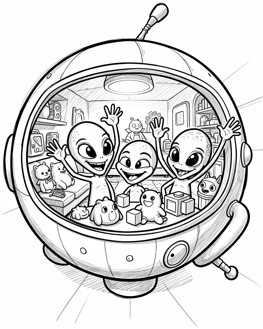 An alien family waving from their spaceship window in a living room filled with toys.