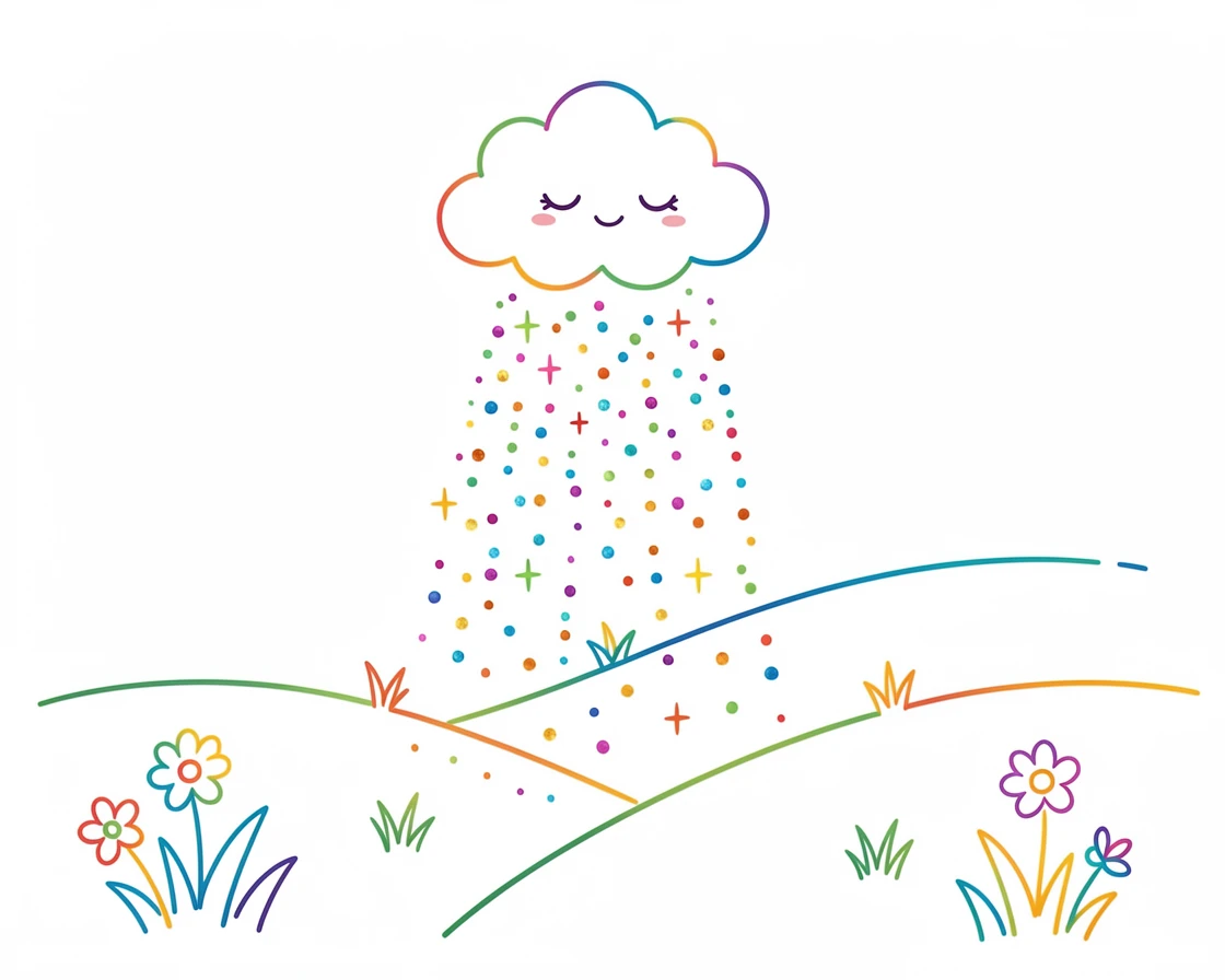 A tiny cloud character raining glitter over a sleeping meadow.