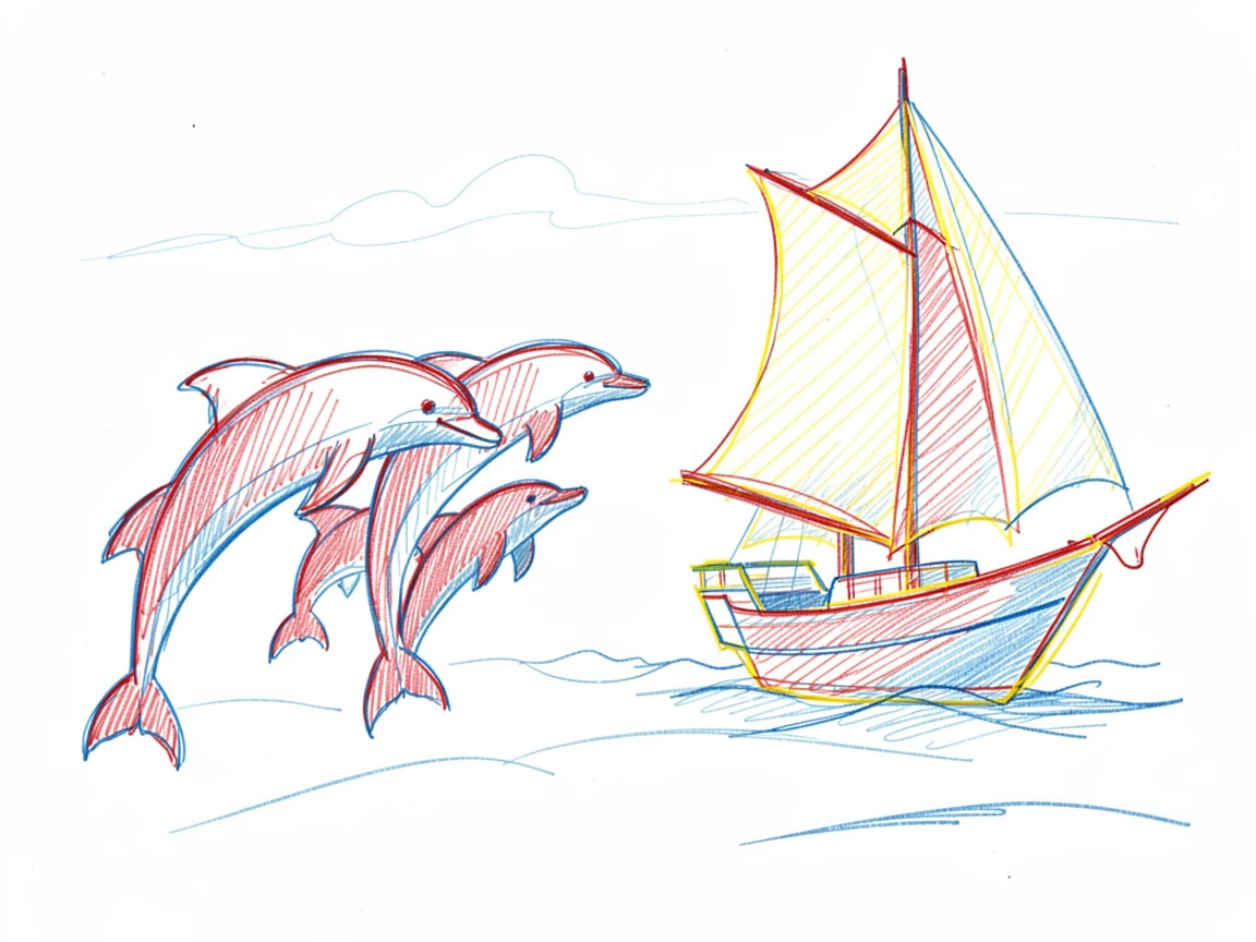 A pod of dolphins leaping playfully alongside a sailing ship
