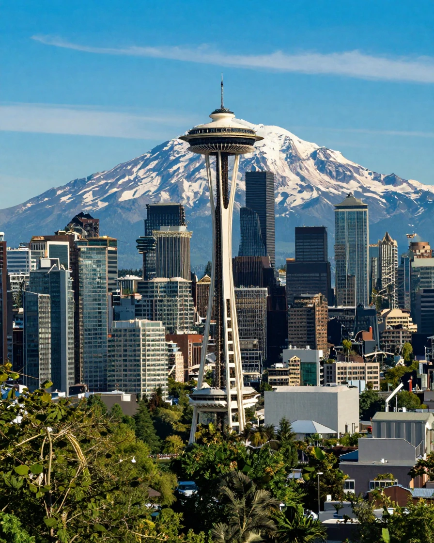 A Seattle skyline with Mount Rainier in the background