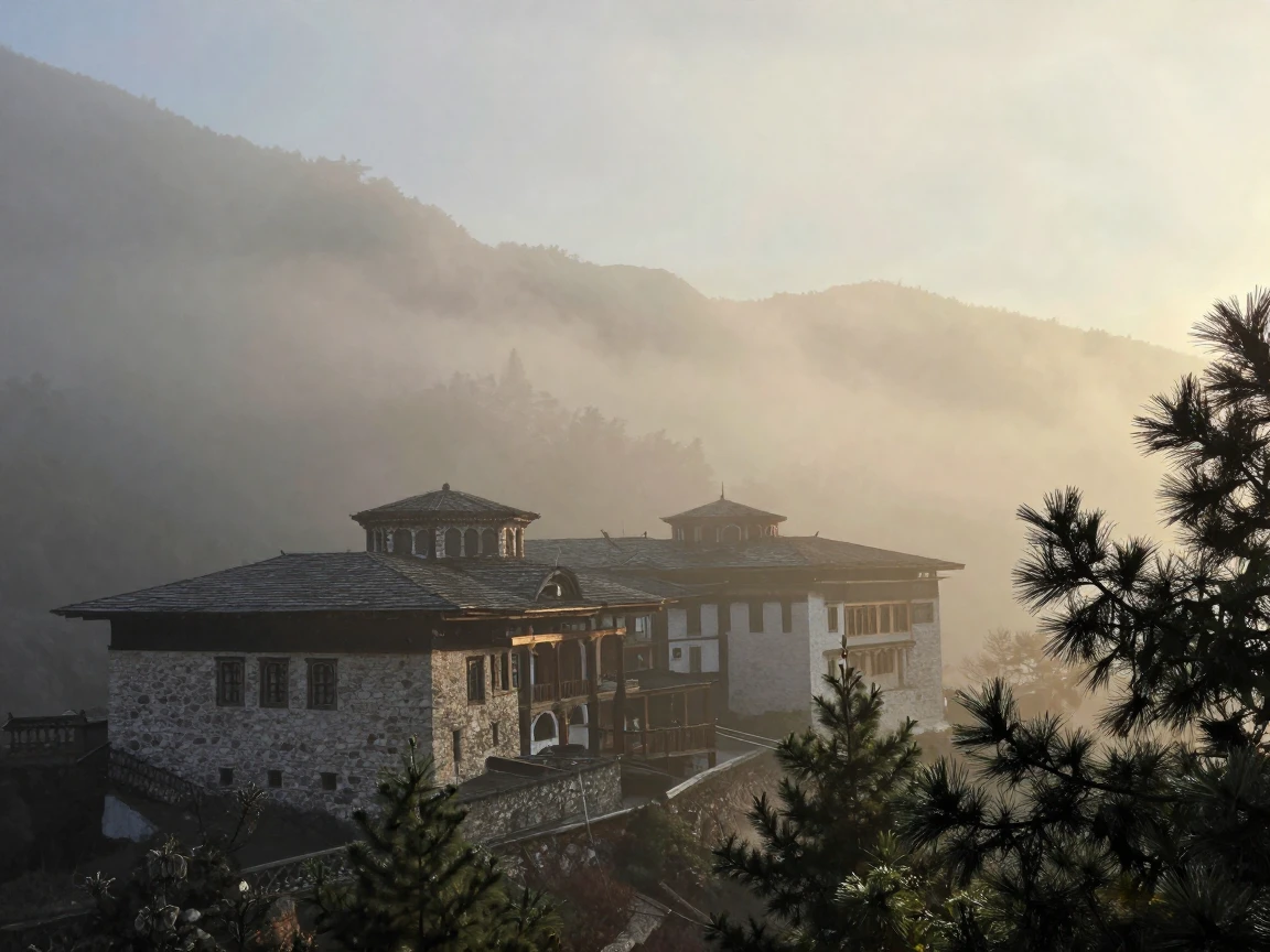A quiet mountain monastery is wrapped in cloud just after sunrise.
