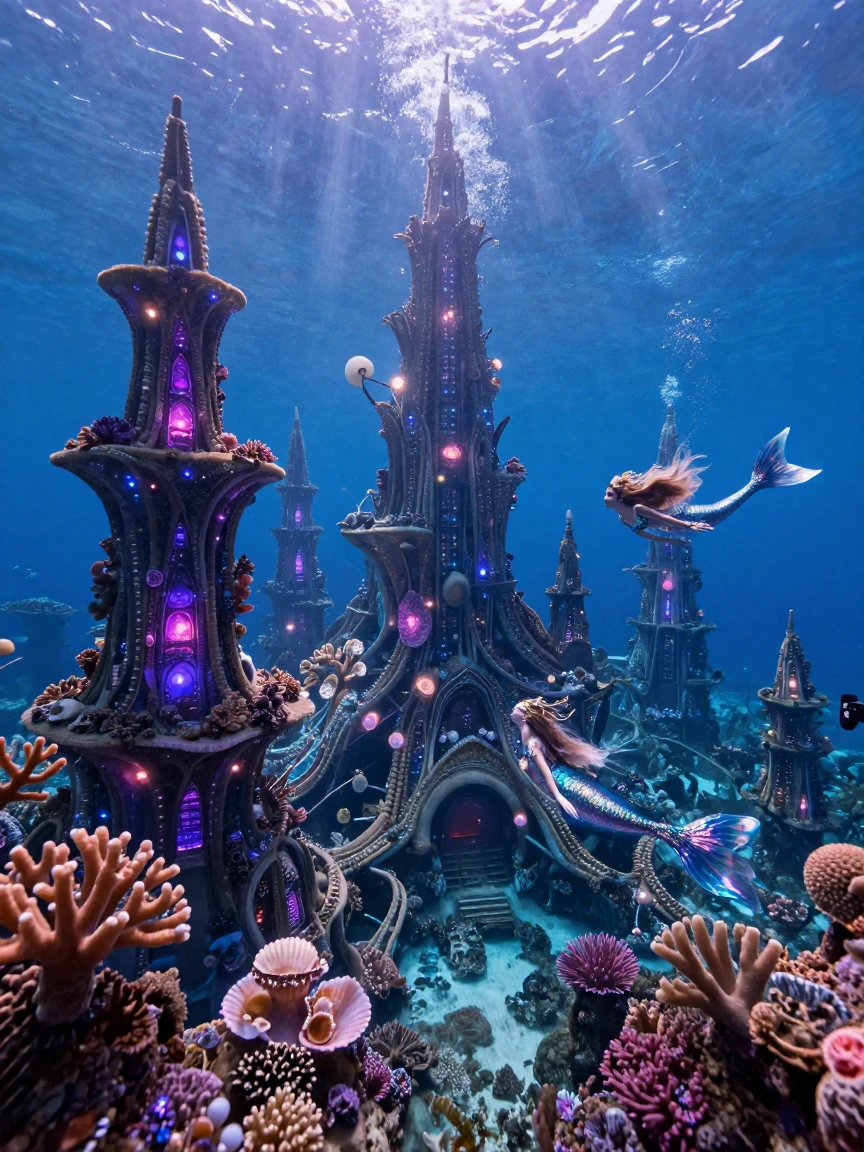 An underwater city of glowing coral spires inhabited by graceful merfolk