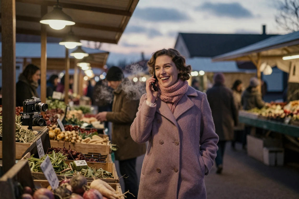 A woman laughing on the phone while walking through a farmers market, in low lamplight, under scattered clouds, in the depths of winter, in dusty lavender and rose tones, viewed from across the room.