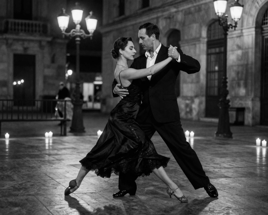 A tango couple glides across a candlelit floor on a moonlit plaza.
