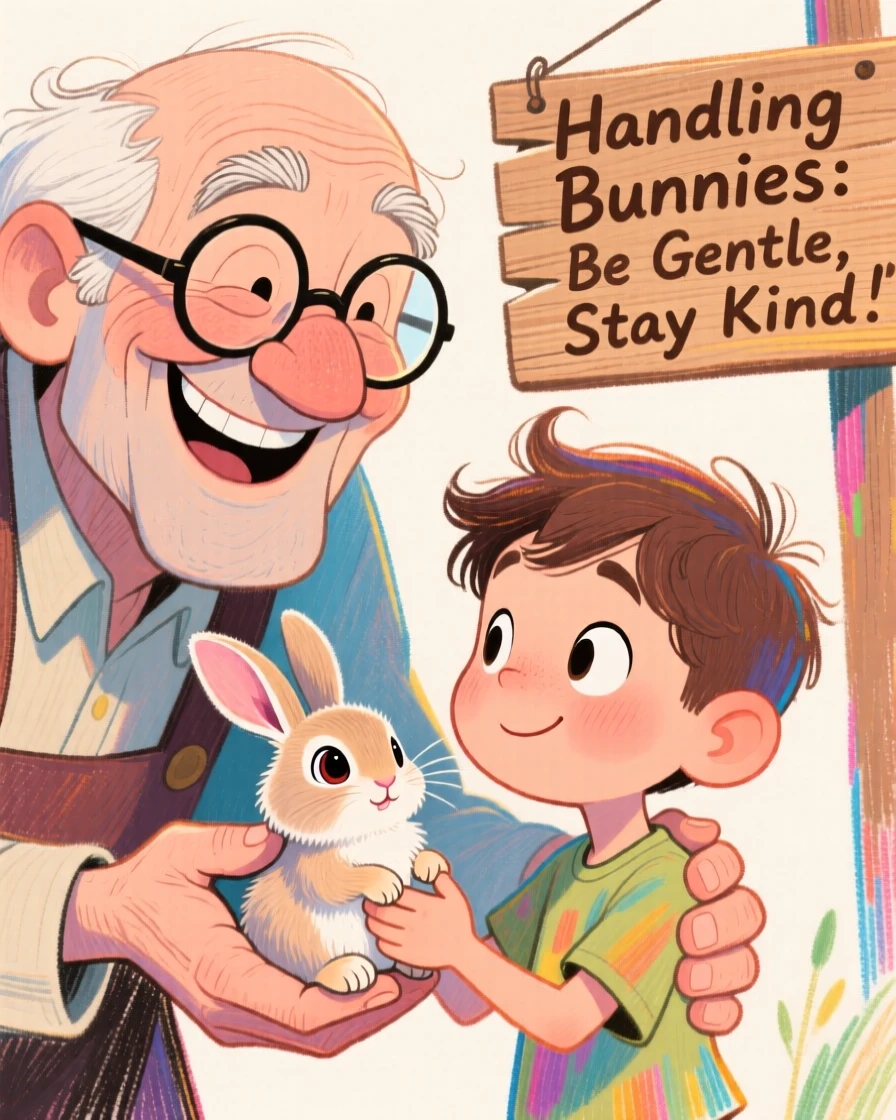 A grandfather teaching his grandson the proper way to hold a baby bunny.