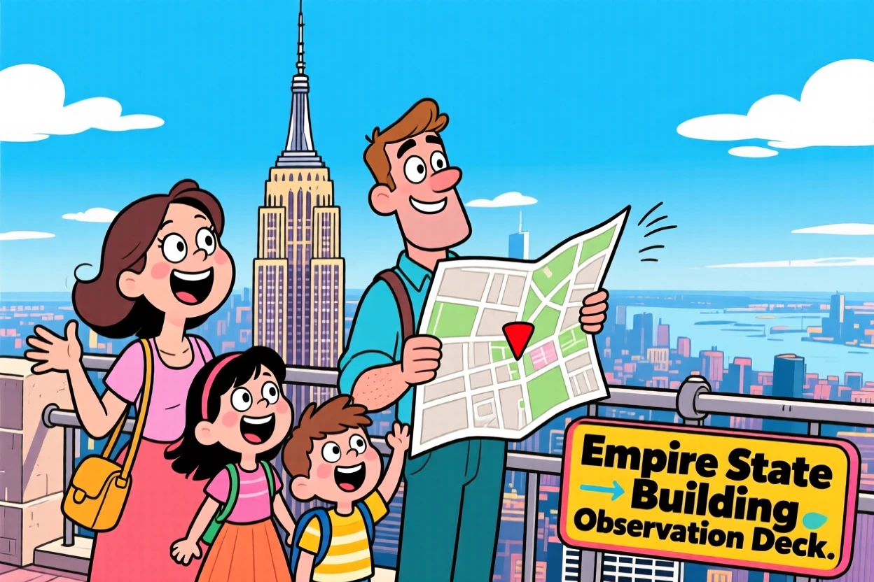 An iconic travel scene featuring a family on vacation taking in the view from the top of the Empire State Building, with a map slightly askew in hand.