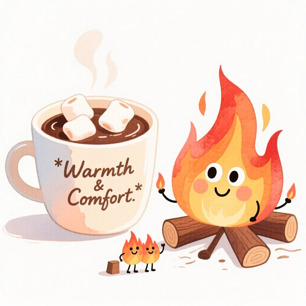 A cozy, appetizing, elegant and intimate scene of a steaming cup of cocoa with marshmallows beside a crackling fire