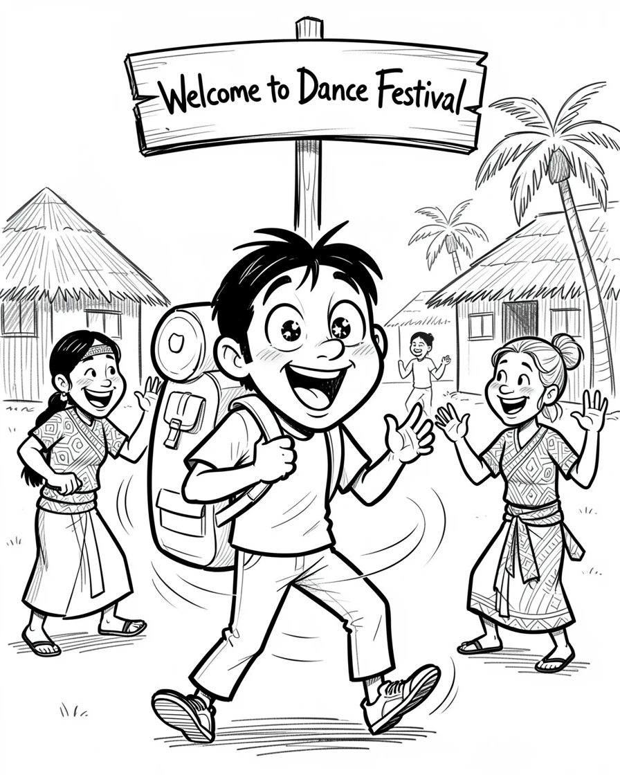 [Travel & Cultural Experiences] Vivid travel scene of an awestruck backpacker learning a traditional dance from locals, full of wonder and adventure