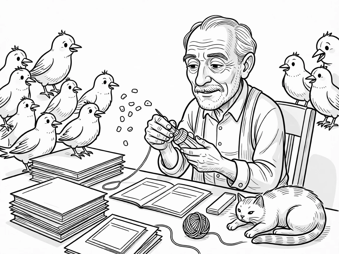 A grandfather whittling a small wooden toy, scattering breadcrumbs to an eager, cooing crowd, set at a cluttered desk covered in essays. A ball of yarn rolls gently as the cat shifts. The image honors a lifetime of stories worth telling.