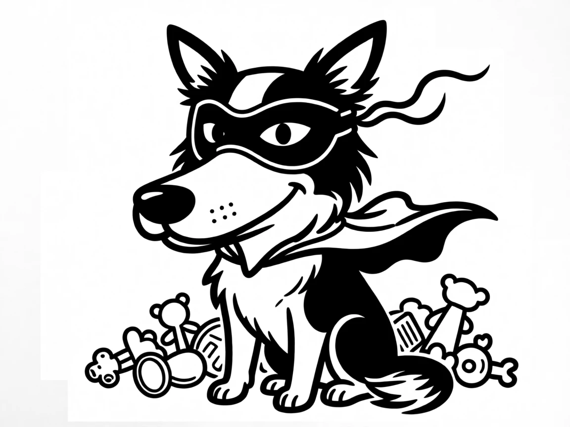 A border collie wearing a tiny cape and mask, guarding a pile of toys heroically.