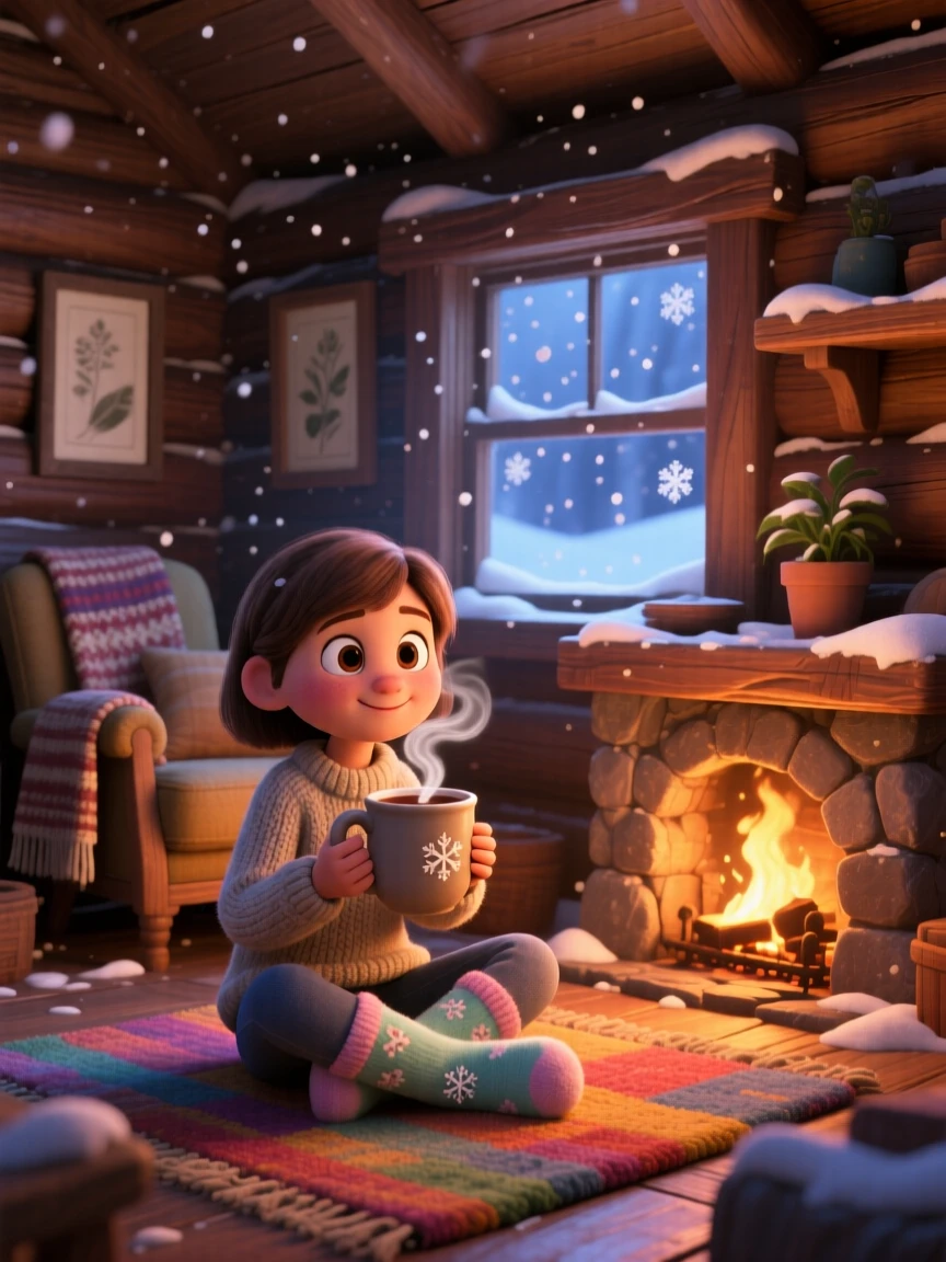 A little girl in fuzzy socks sits inside a cabin during a snowstorm, sipping a steaming mug of cocoa. A gentle nostalgia and calm settle over the scene, with warm shadows dancing on the walls.