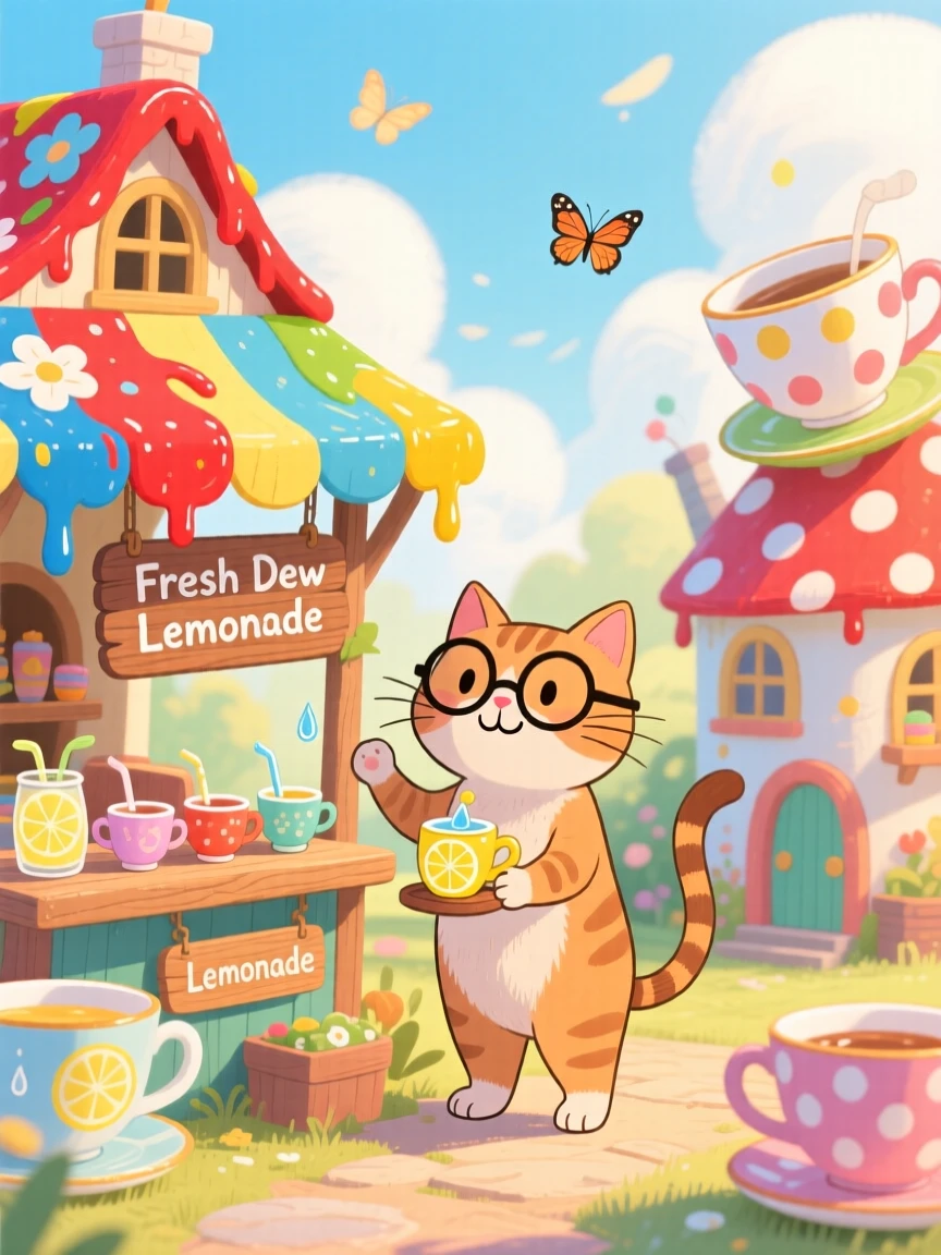 A cat wearing tiny spectacles is selling tiny cups of dew as lemonade in a world where teacups are houses, with color spilling from every rooftop.