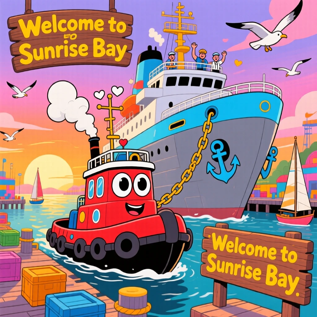 A tugboat guiding a large ship into a busy harbor at sunrise.