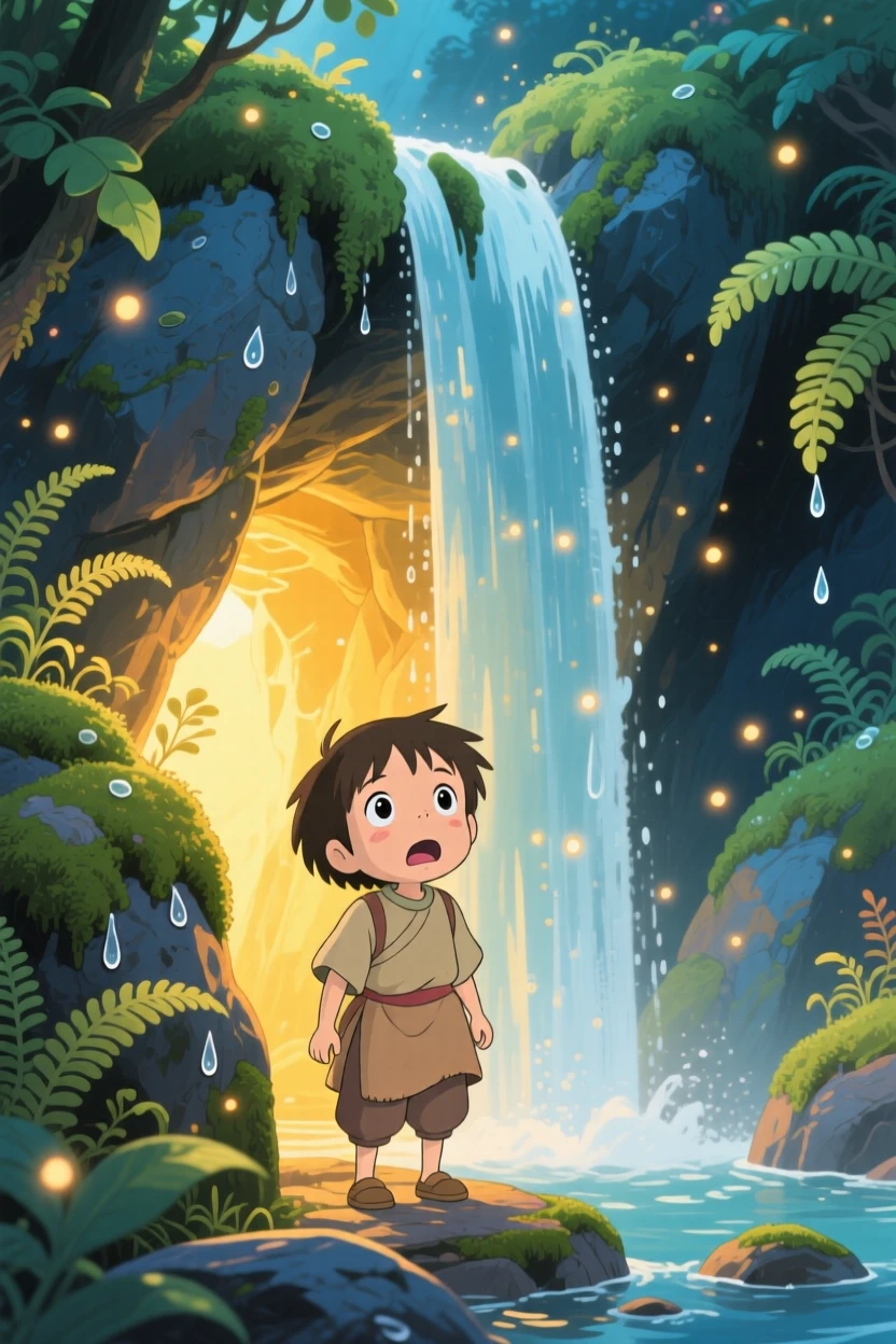 A child discovering a glowing cave hidden behind a waterfall, the moment charged with curiosity.