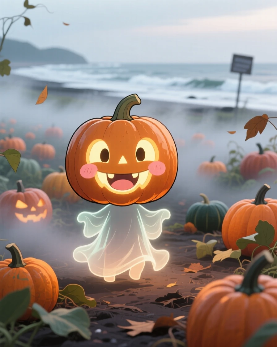 In a misty pumpkin patch, a smiling jack-o'-lantern spirit is lighting the way with a gentle glow on a breezy coastal afternoon, bathed in diffused overcast light, expression full of giggling amusement. Shot as a medium shot.
