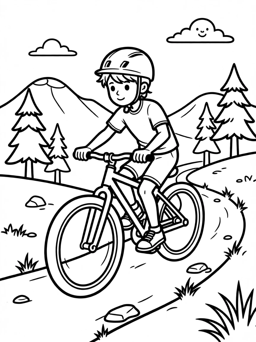 A young cyclist racing down a mountain trail