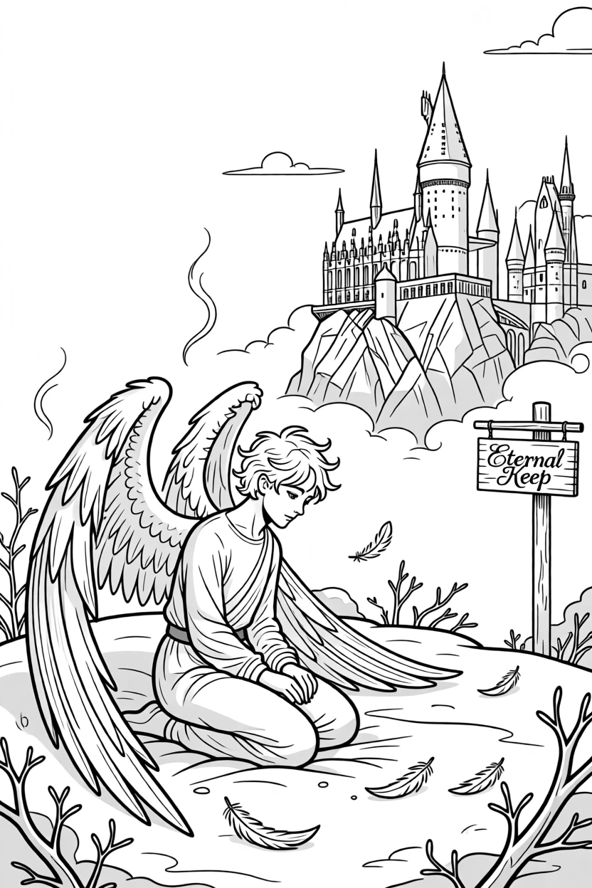 A fallen angel with broken wings kneeling in ash, with an ancient castle rising in the misty distance.