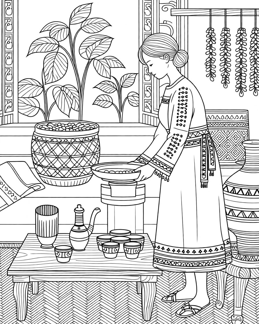 A traditional coffee ceremony with a woman roasting beans.