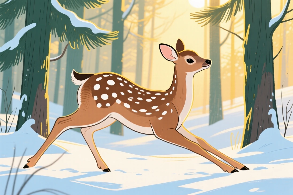 A spotted fawn stretching in the morning light in a snowy pine forest during golden hour.