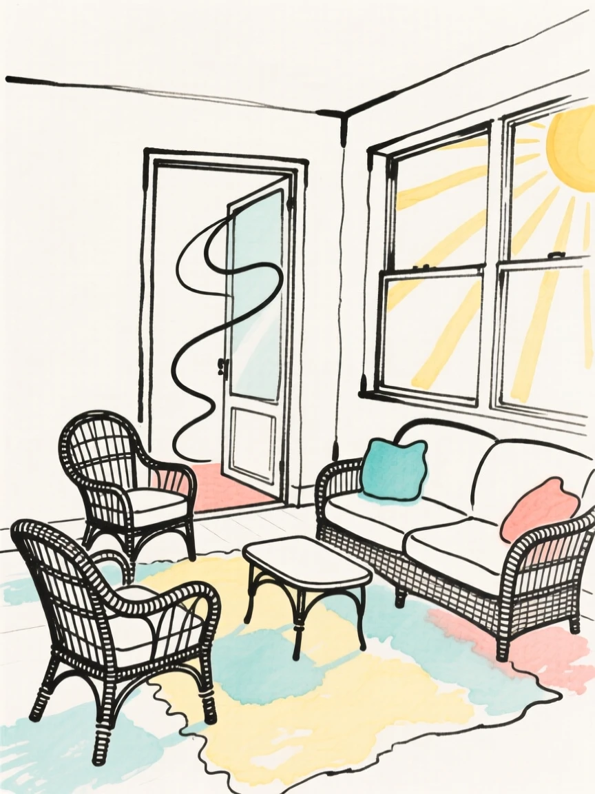 A sunroom filled with wicker furniture