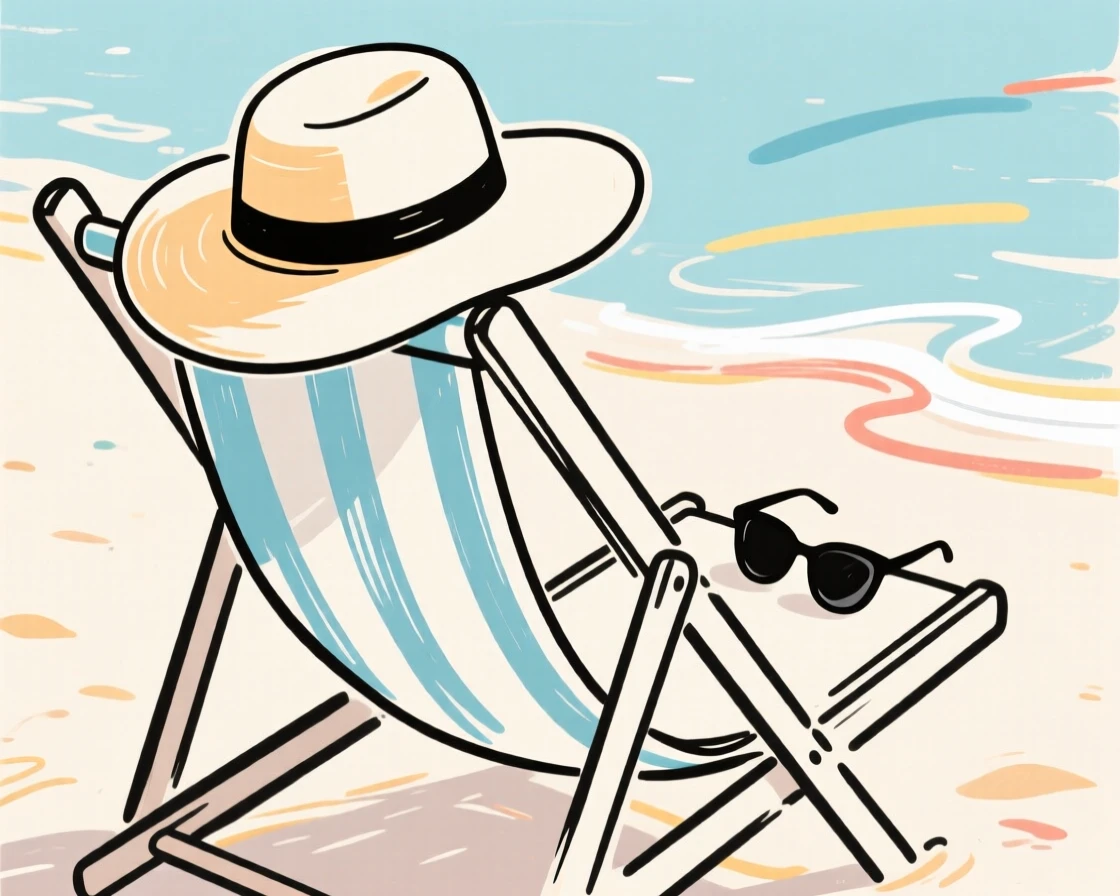 A wide-brimmed sun hat resting on a beach chair beside sunglasses.