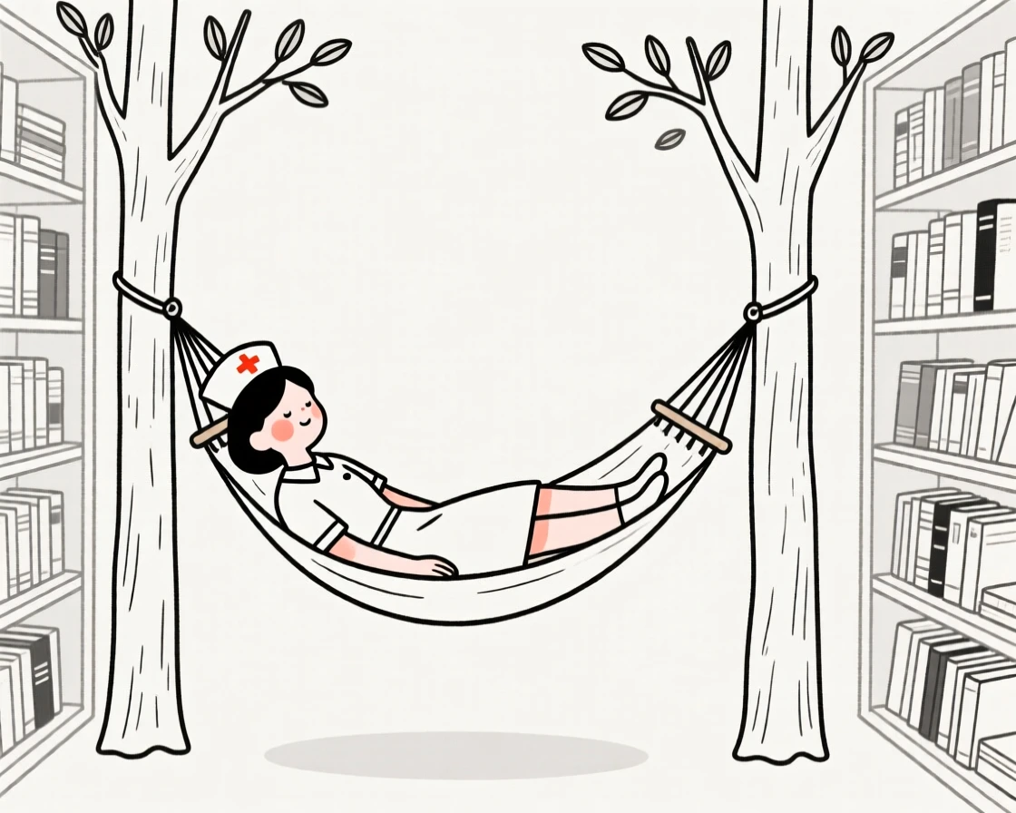 A nurse resting in a hammock under the trees, inside a vintage bookstore.