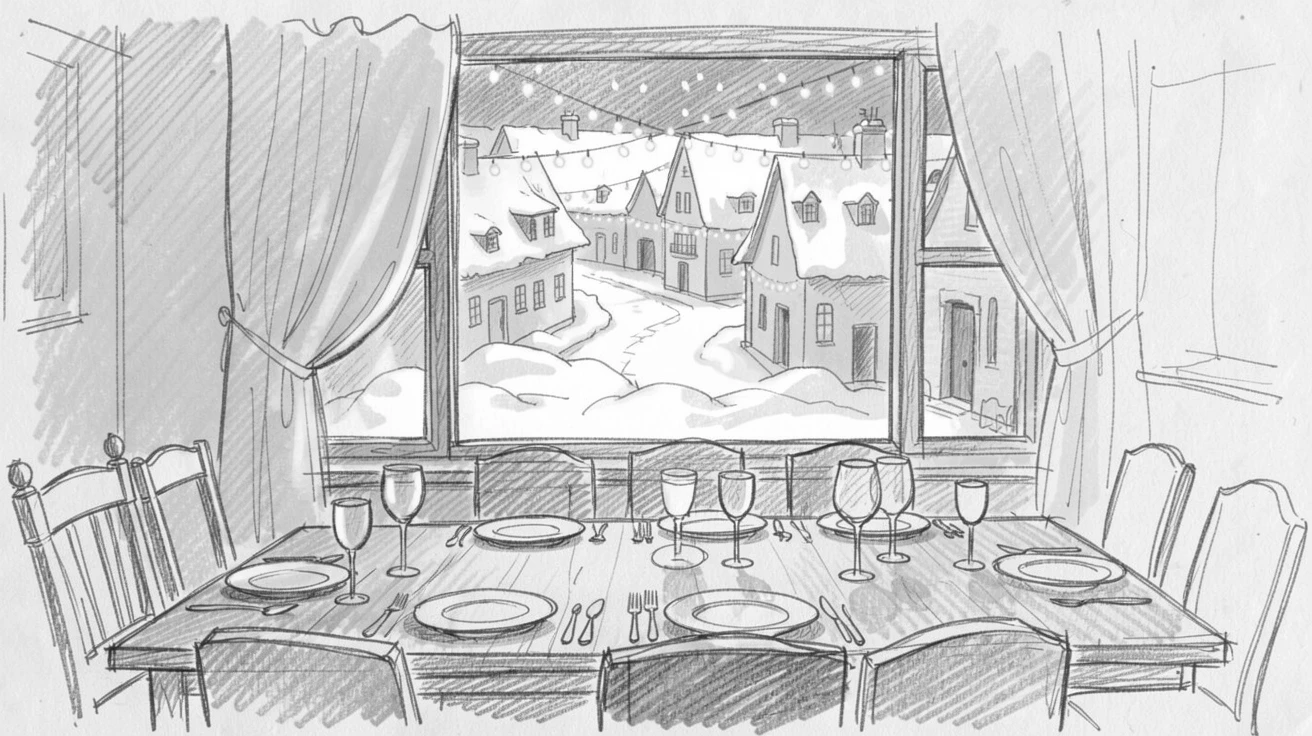 A snowy village square glowing with festive lights, in a beautifully set dining room, with warm golden light everywhere.