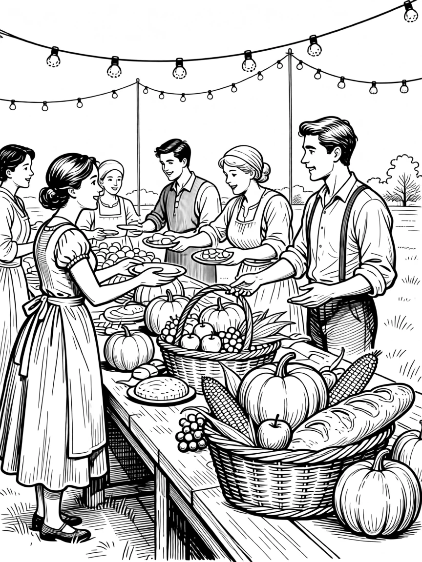 A traditional harvest celebration with a bountiful table set beneath string lights.