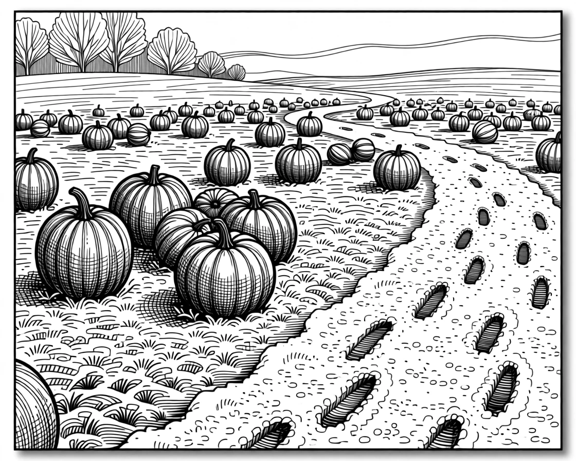 A pumpkin patch under a golden autumn sky as morning frost coats the ground, with footprints trailing through fresh snow, capturing a warmly festive seasonal moment.