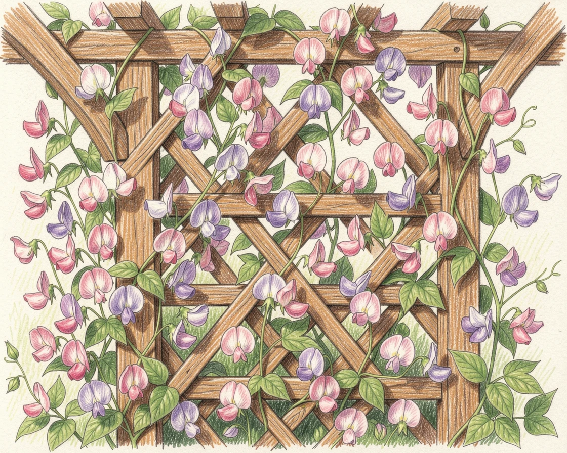 A garden trellis heavy with blooming sweet peas, with delicate details that reward a closer look, radiating comfort, joy, and quiet beauty.