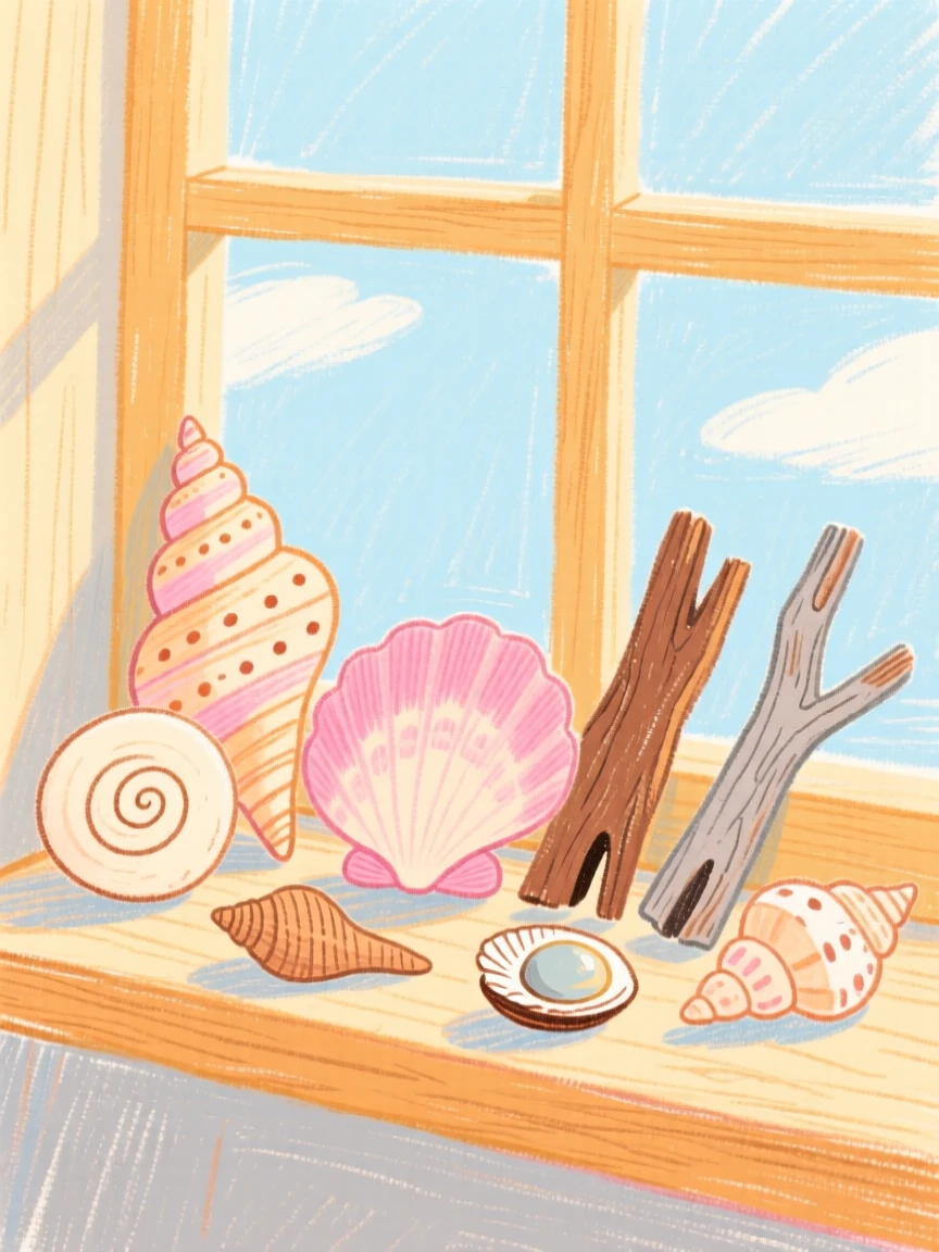 A collection of seashells and driftwood arranged on a windowsill.
