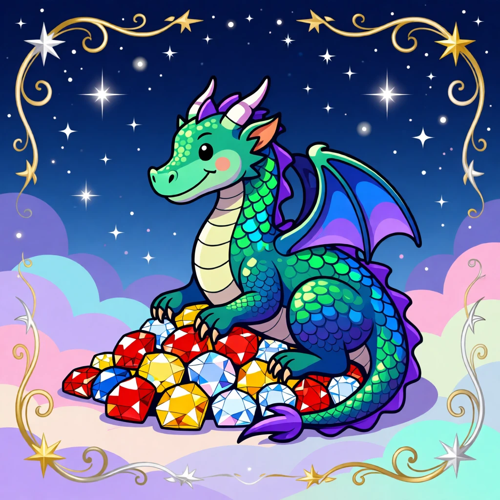 A friendly dragon curled protectively around a treasure of gems, set against a starry night sky filled with soft color, framed with a whimsical, imaginative composition, with rich jewel tones that evoke wonder and imagination.