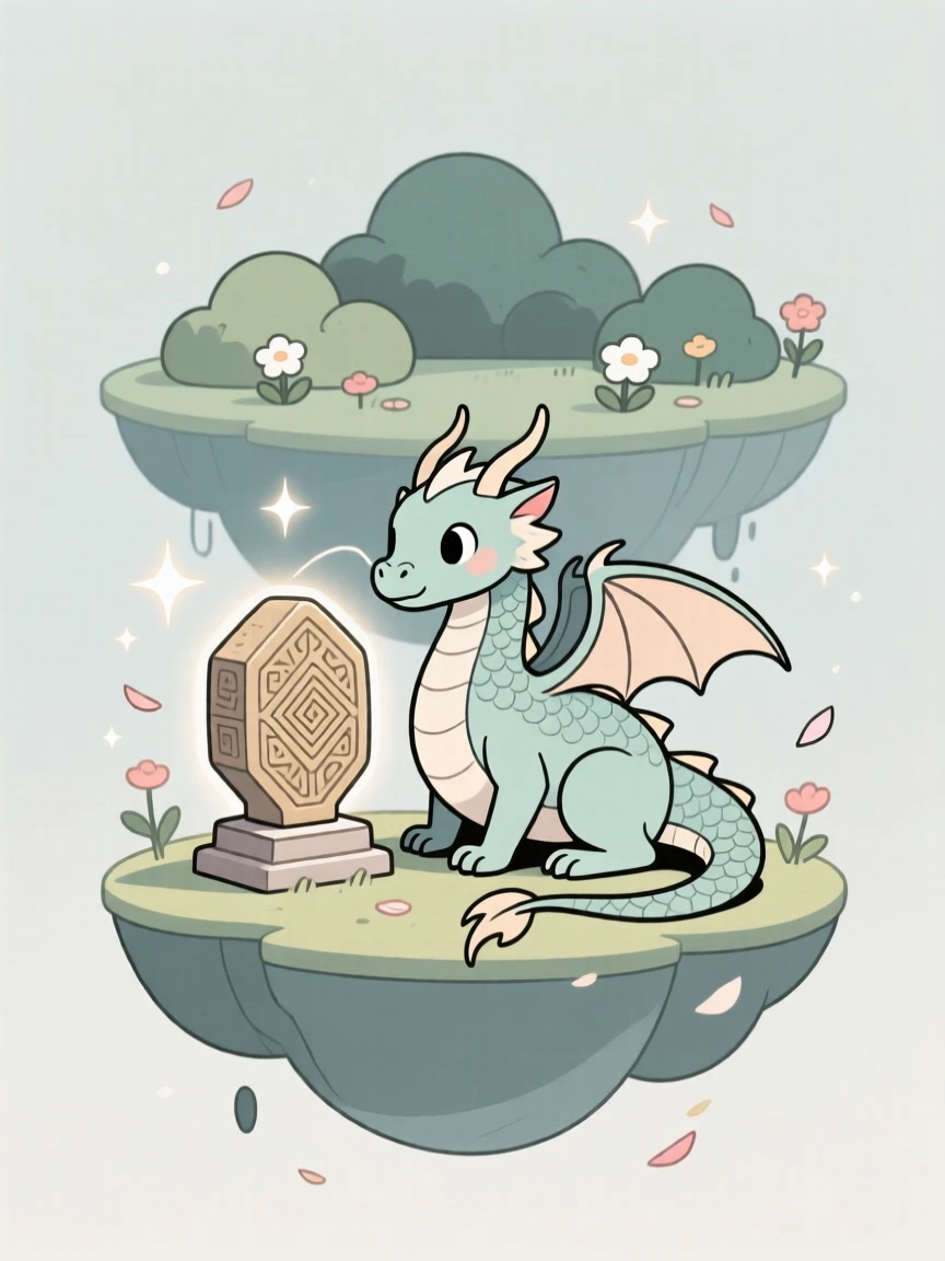 A young dragon guarding an ancient relic near a floating garden.