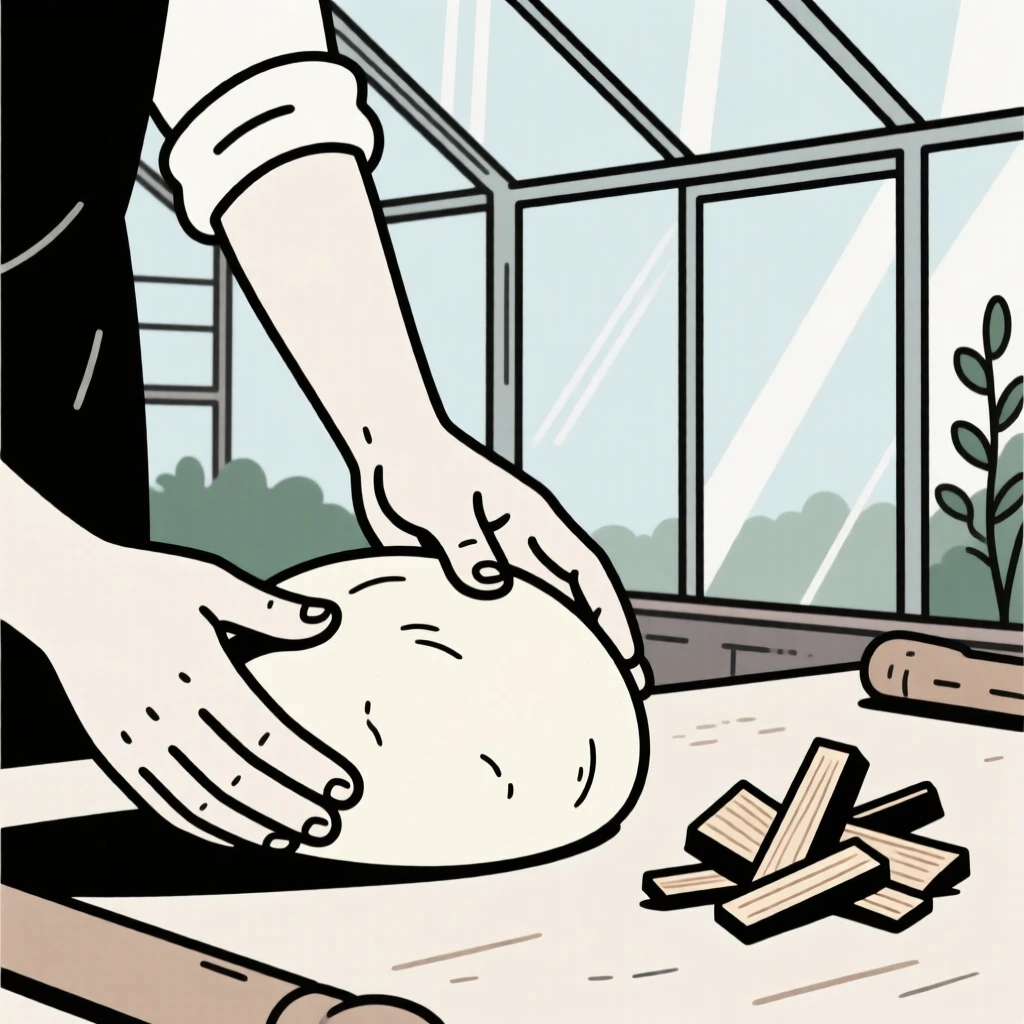 A close view of hands baking bread from scratch near wood shavings in a garden greenhouse, full of quiet satisfaction.