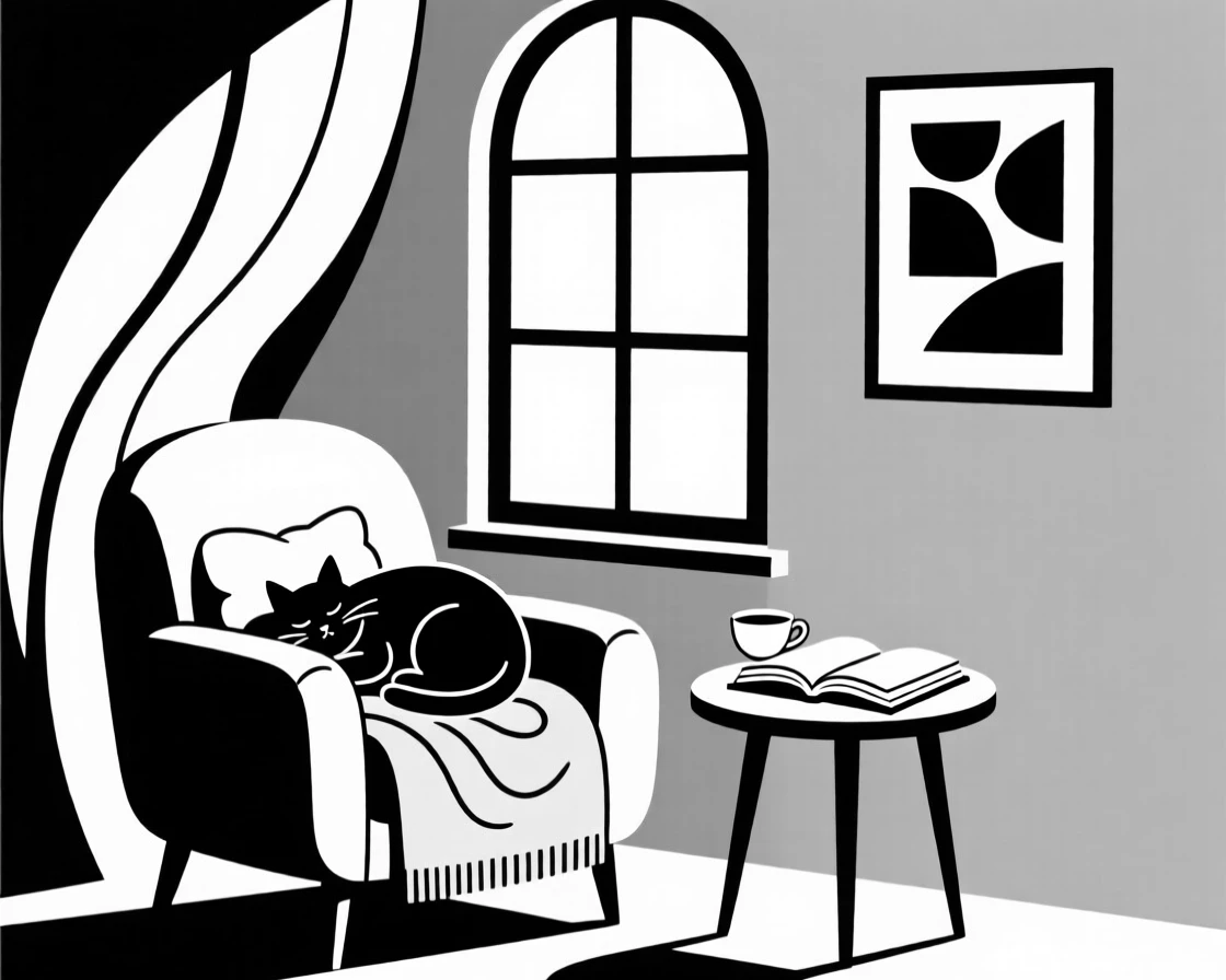 A snug reading corner with a sleeping cat.