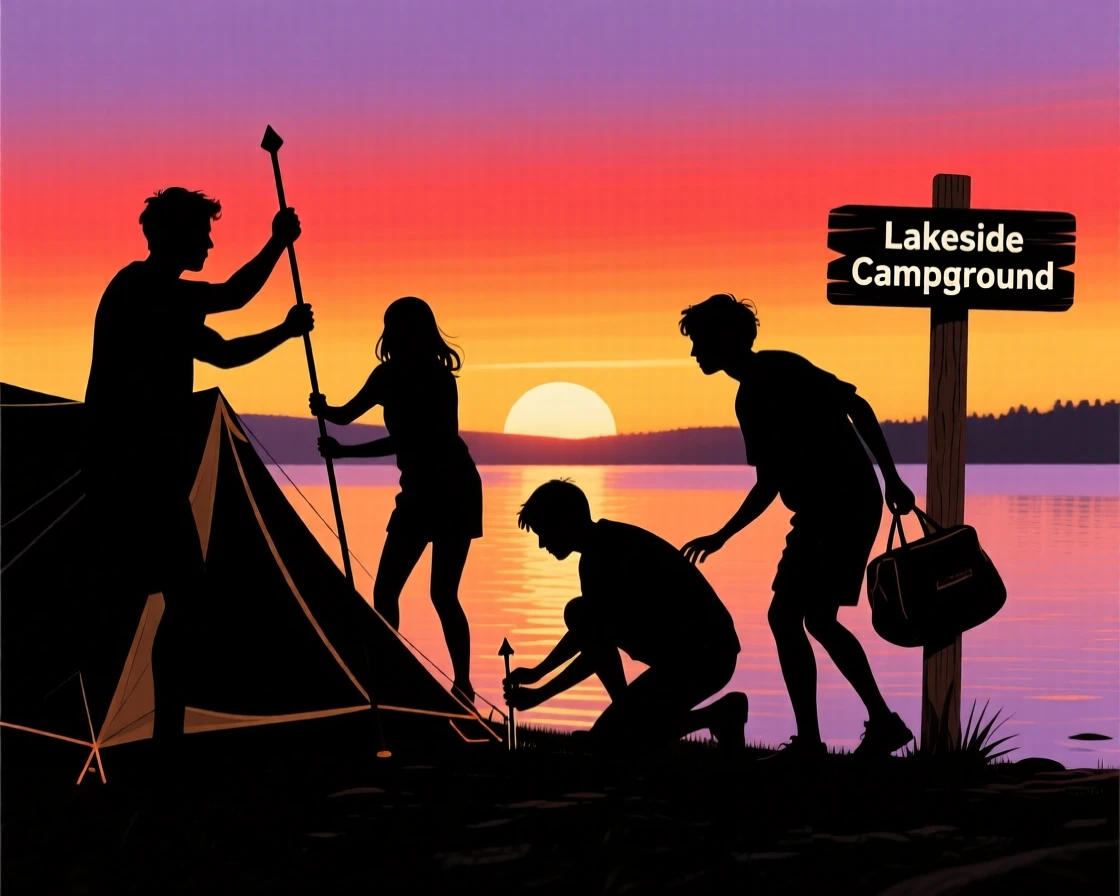 A group of friends pitching tents together as the sun sets over a lake.