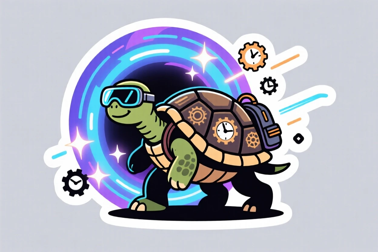 A confidently cool time-traveling turtle stepping out of a glowing portal, surrounded by glowing special effects, during an exciting made-up adventure.