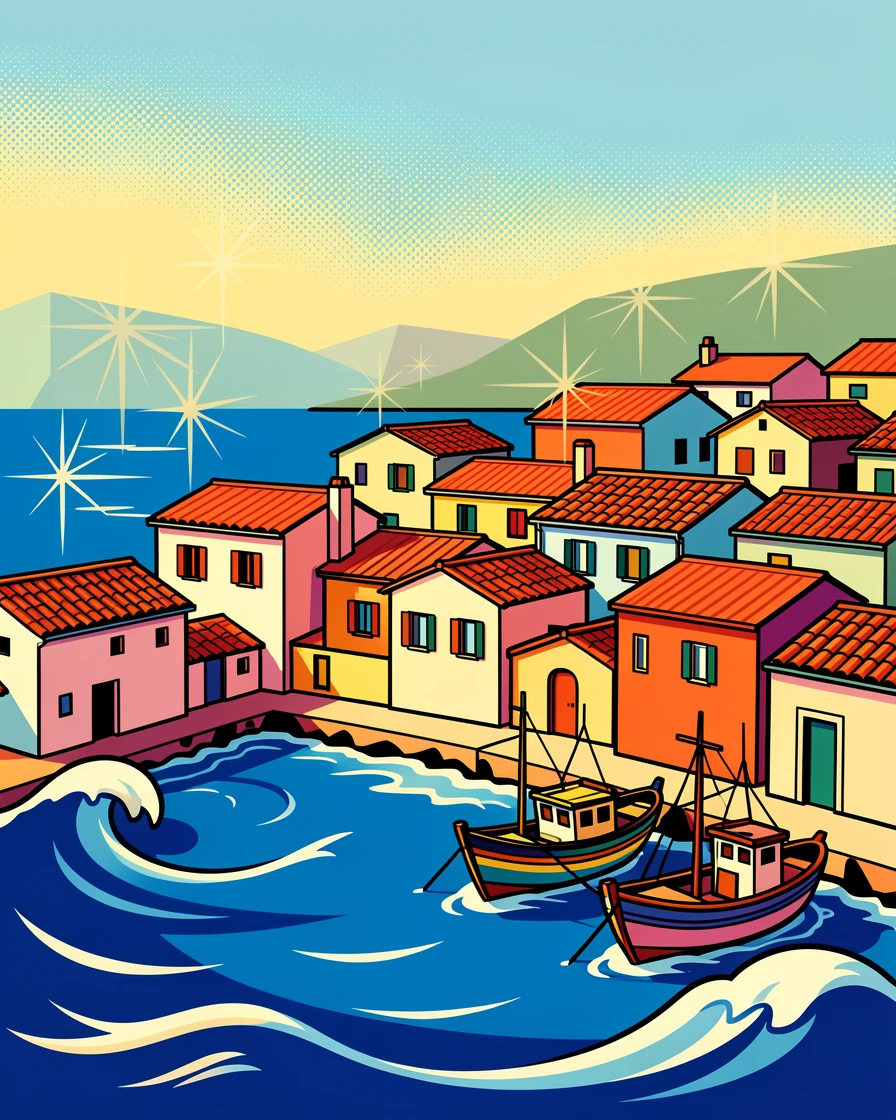A tile-roofed fishing village along a sunlit Mediterranean coast