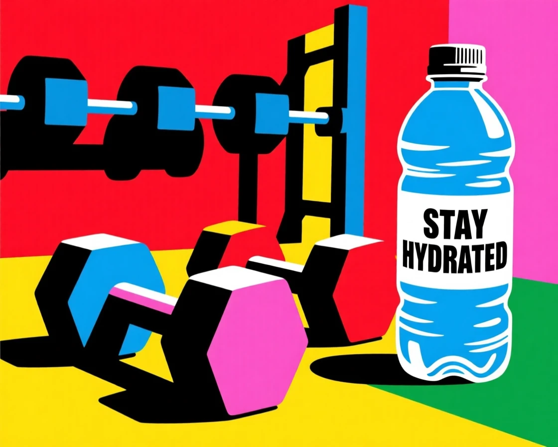 Home gym with dumbbells and a water bottle