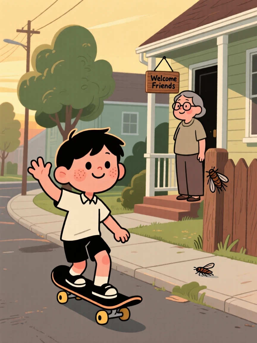 A child rides a skateboard down a quiet suburban street on a warm summer evening, waving to a neighbor as the hum of cicadas drifts from a nearby porch.