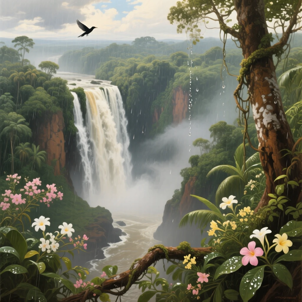 A bird's-eye view of a dramatic waterfall cascading into a misty gorge, in the Amazon rainforest, as spring blossoms open, during a gentle spring shower.