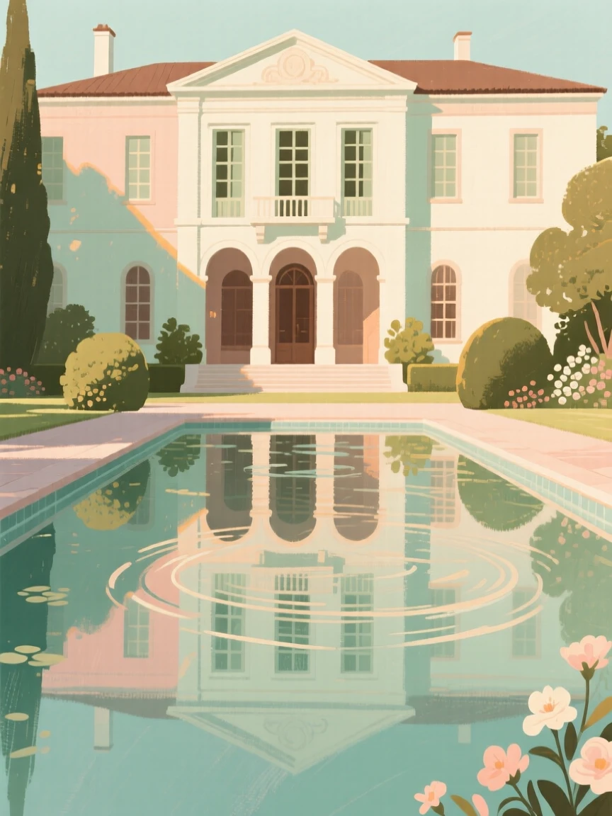 A grand palace facade reflected in an ornamental garden pool