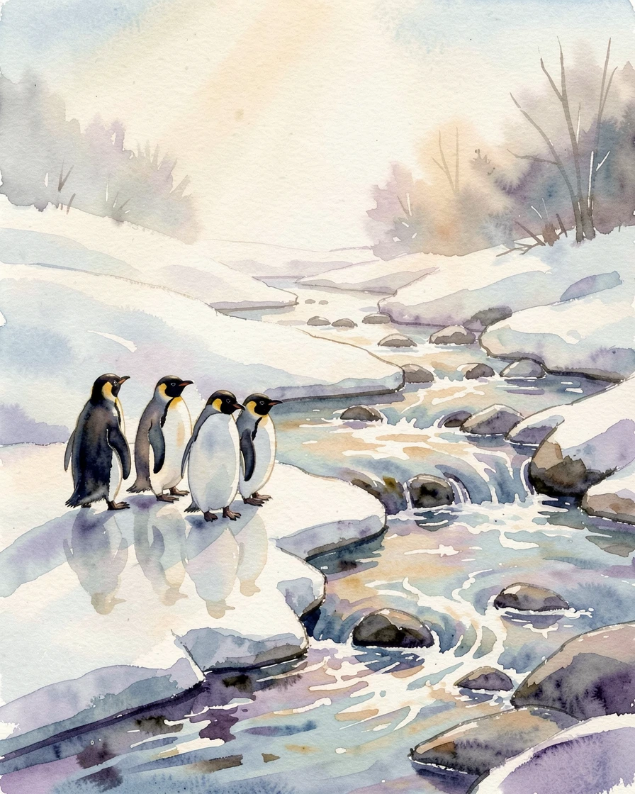 A group of penguins on ice beside a babbling brook with its ears perked up.
