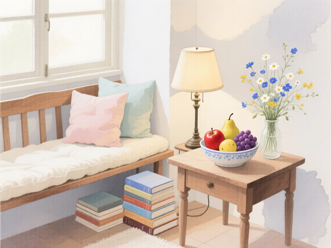 A charming view of a window reading corner, with a stack of books piled beside a lamp, featuring a bowl of fresh fruit and wildflowers