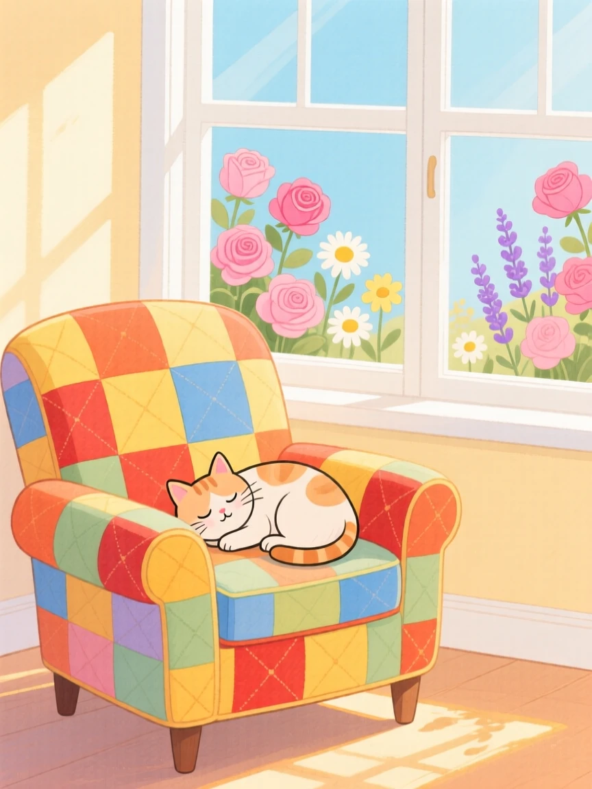A cat curled up on a quilted armchair by a window, framed by blooming flowers and soft afternoon light.