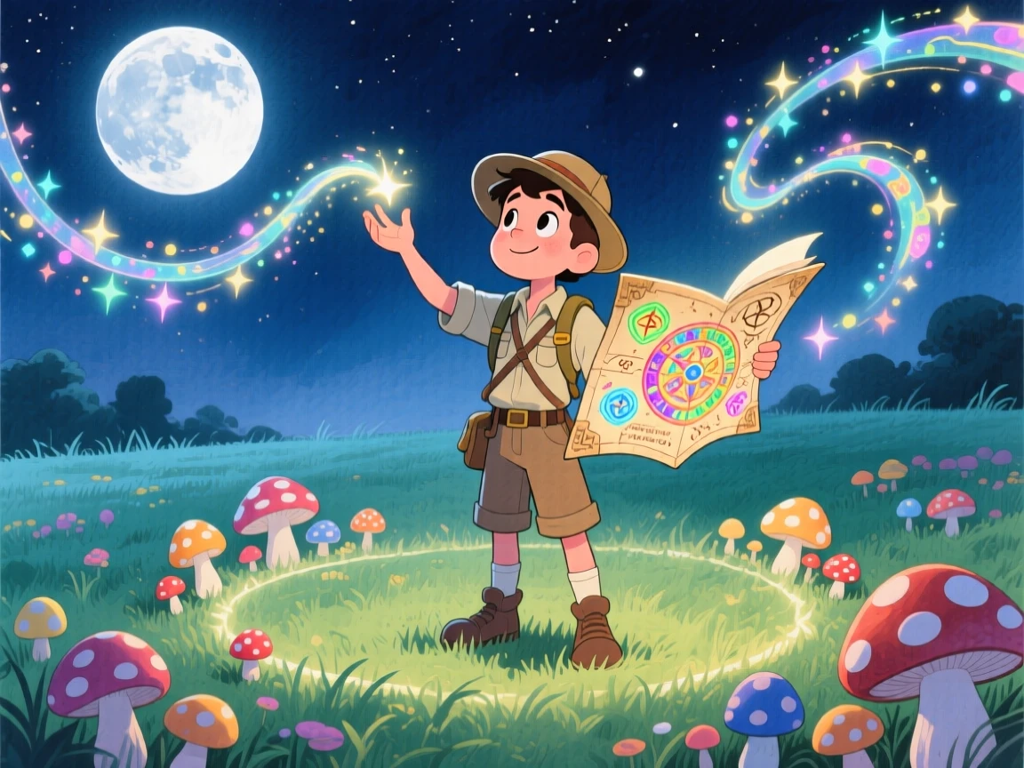 A young adventurer with a magic map casting a spell that fills the air with sparkling light, in a moonlit meadow ringed with mushroom circles, radiating hope and heroic determination.