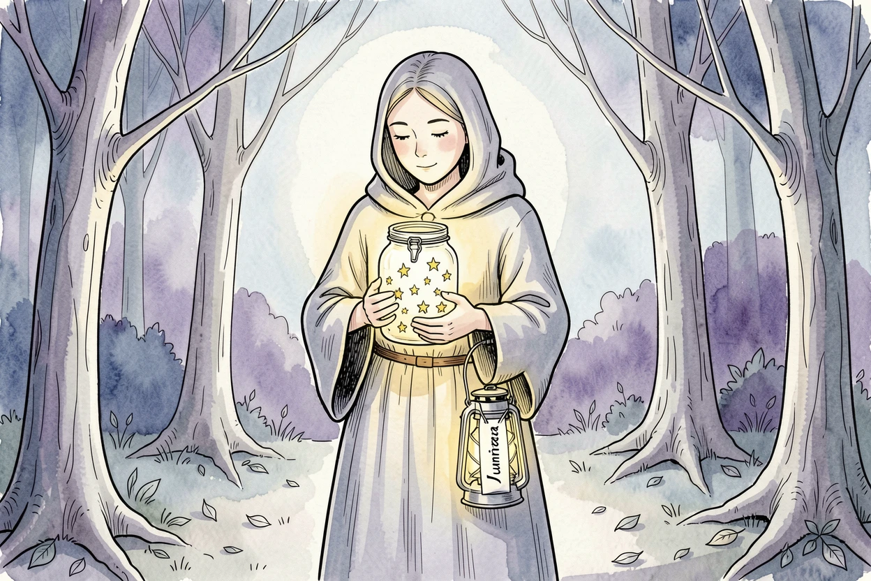 A wandering star-collector gathering fallen stars in a glass jar, a soft magical glow illuminating the entire scene.